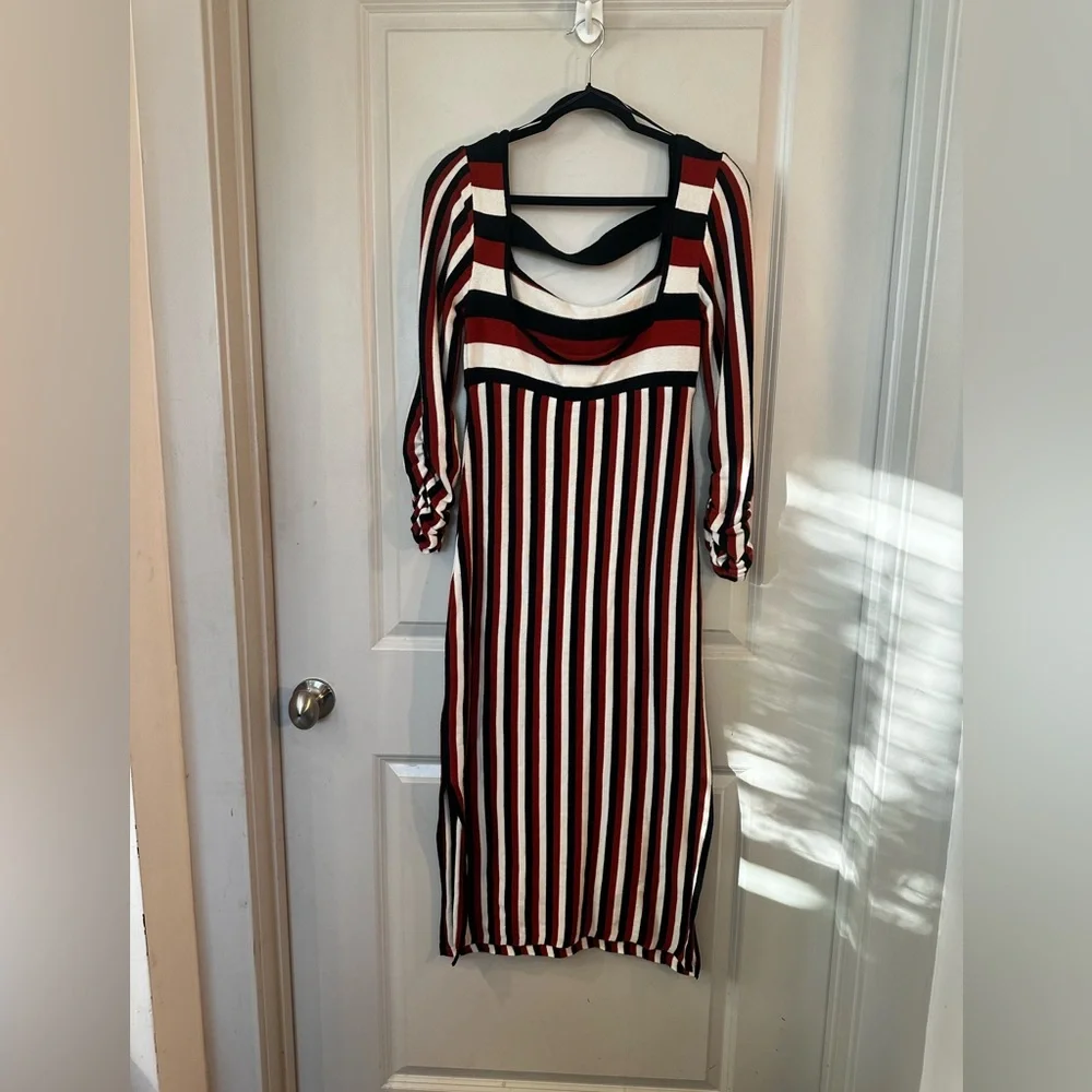 Anthropologie Maeve Striped Square Neck Brown/Black/White Midi Dress, Size Sy